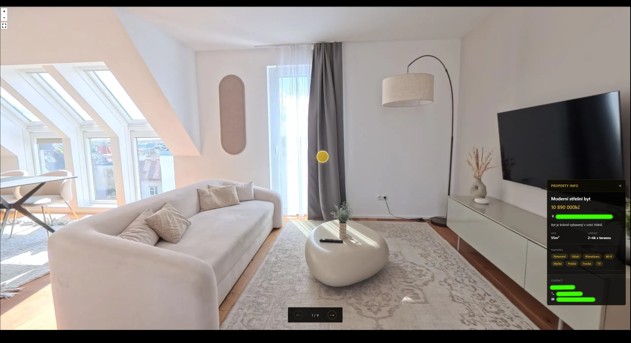 360° tour viewer — living room with property info panel