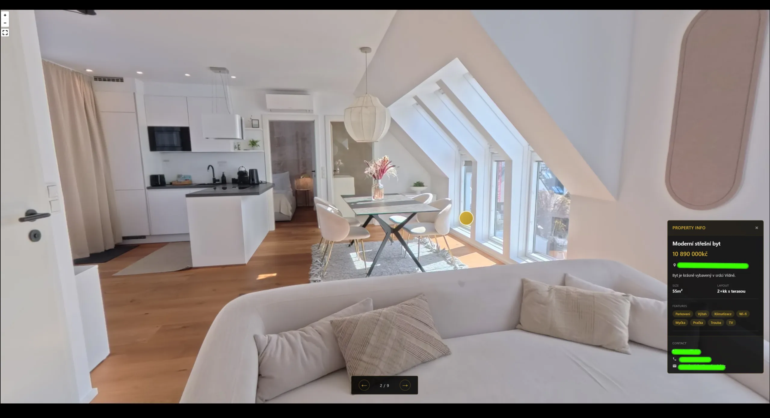 360° tour viewer — kitchen and dining area