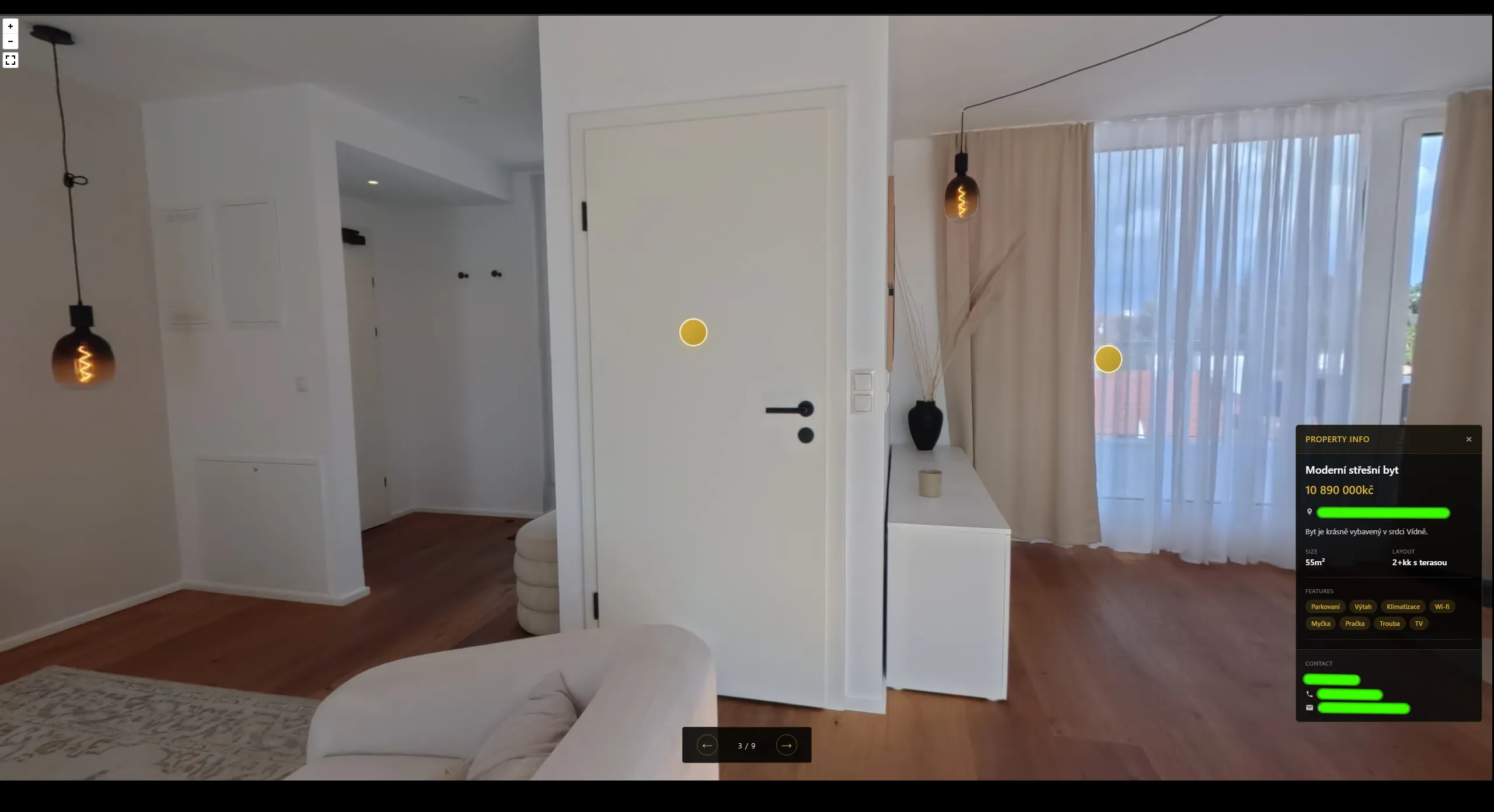 360° tour viewer — hallway with hotspot markers