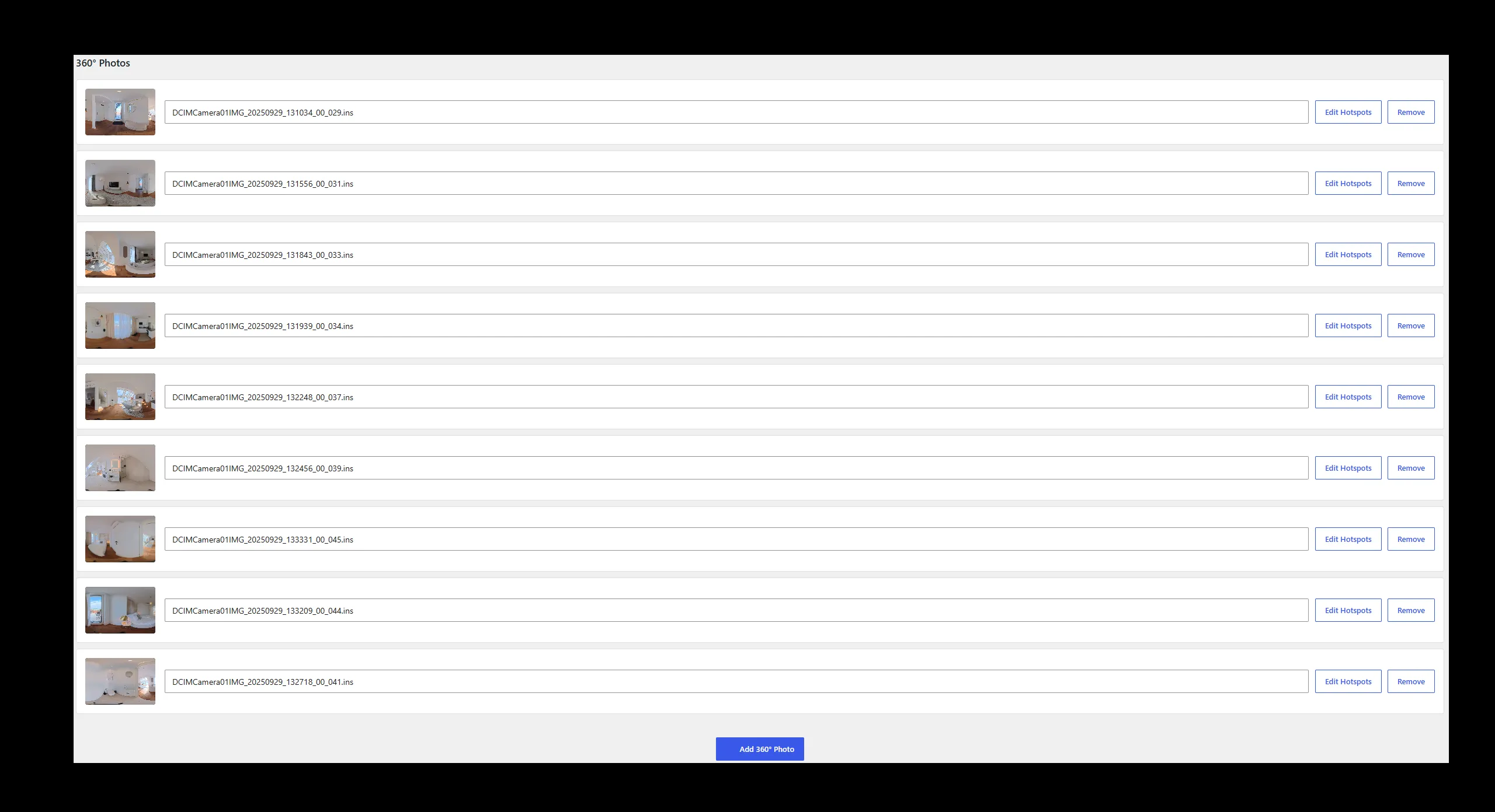 WordPress admin — 360° photo manager
