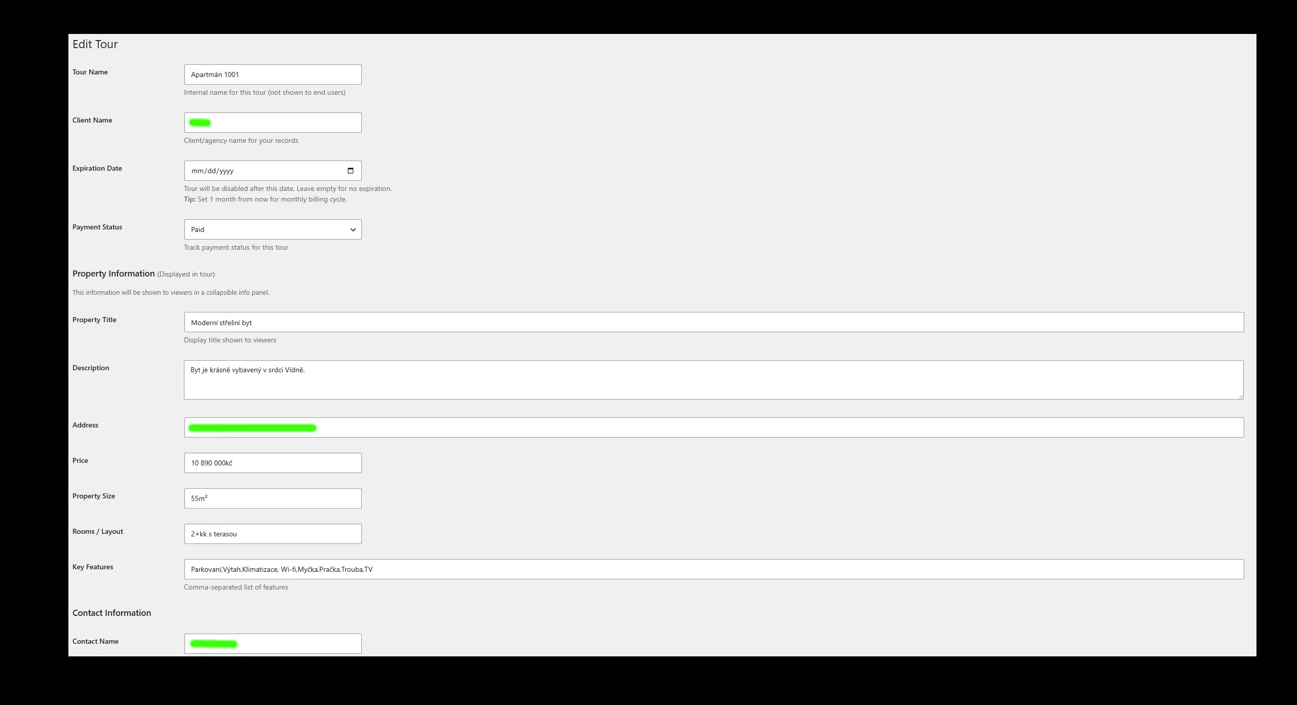 WordPress admin — edit tour form