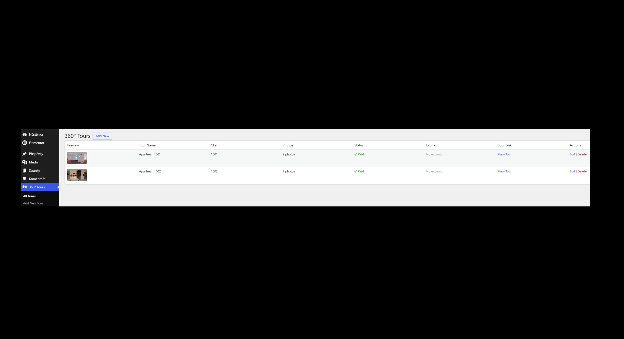 WordPress admin — tour list